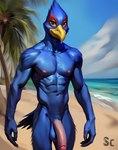 abs absurd_res anthro arms_by_side avian balls beach beak big_penis bird blue_body blue_sky claws cloud cloudy day digital_media_(artwork) dripping easyfluffv11.2_(model) facial_markings falco_lombardi falcon falconid feathers flaccid foreskin front_view genitals glans green_eyes happy head_markings hi_res humanoid_genitalia humanoid_penis island looking_at_viewer male markings mask_(marking) muscular navel nipples nude palm_tree penis pink_nipples pink_penis plant retracted_foreskin sand scoutr sea seaside seductive shoreline sky smile solo standing star_fox suggestive summer sweaty tail_feathers tree tropical water watermark wave yellow_beak