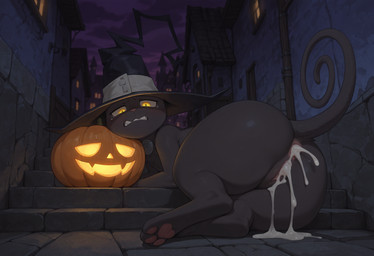 3_toes after_sex anus black_body black_fur bodily_fluids butt clenched_teeth clothing cum cum_in_ass cum_in_pussy cum_inside feet female feral food fruit fur genital_fluids genitals hat headgear headwear jack-o'-lantern leaking_cum looking_at_viewer lying on_side outside pawpads pink_pawpads plant pumpkin pussy solo tears teeth toes witch_hat yellow_eyes pixvul blair_(soul_eater) felid feline mammal hi_res