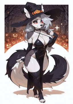 anthro armwear big_breasts black_clothing black_dress black_nails breasts cleavage clothed clothing colored_nails dress elbow_gloves female fingerless_gloves gloves halloween halloween_costume handwear hat headgear headwear jack-o'-lantern large_breasts legwear nails occult_symbol pelvic_curtain pentagram red_sclera solo symbol thick_thighs thigh_highs toeless_legwear white_eyes witch_costume witch_hat turboduderino halloween_2025 helluva_boss loona_(helluva_boss) canid canine canis mammal wolf absurd_res hi_res