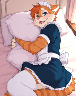 anthro clothed clothing erection erection_under_clothing legwear maid_headdress maid_uniform male solo thigh_highs uniform white_clothing white_legwear white_thigh_highs anonymous_director domestic_cat felid feline felis mammal hi_res