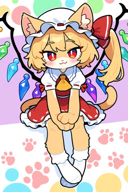 anthro blonde_hair clothing dress eyelashes female footprint footwear fur hair hat headgear headwear mob_cap pawprint ponytail red_eyes short_hair sitting smile smiling_at_viewer socks solo tail wings yellow_body yellow_fur changkiwi touhou_project flandre_scarlet domestic_cat felid feline felis mammal hi_res