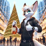 alcohol anthro beverage canid canine christmas_tree fennec fox fur green_eyes lucifluffy male mammal plant solo techwear tree white_body white_fur wilek