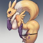 anthro athletic bent_over black_sclera blue_eyes clothing clothing_pull eyeshadow female fur fur_collar large_breasts makeup markings panties side_view simple_background small_waist solo underwear yellow_body yellow_fur wheel_of_fortune digimon_(species) renamon hi_res