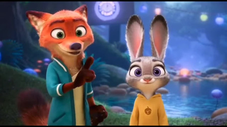 anthro clothing dialogue duo female fur invalid_color male male/female multicolored_body multicolored_fur talking_to_viewer shut_up_and_watch disney zootopia judy_hopps nick_wilde canid canine fox lagomorph leporid mammal rabbit animated short_playtime webm
