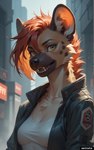 2024 anthro black_ears black_muzzle city city_background clothing female hair indigofurrymix_xl_(model) inner_ear_fluff jacket looking_at_viewer open_mouth outdoors red_hair shirt solo spots stable_diffusion standing topwear tuft yellow_eyes nettele_(director) hyaenid mammal spotted_hyena colored detailed digital_media_(artwork) hi_res portrait