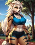 abs anthro arcanine bra canid clothing collar female generation_1_pokemon gym_clothing hi_res looking_at_viewer mammal nsfjerk pokemon_(species) seductive solo sports_bra stripes underwear yiffymix_(model)