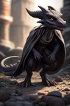 ambiguous_gender anthro belt belt_buckle black_body black_scales blurred_background blurred_foreground claws cloak clothed clothing horn photorealism scales snout solo toe_claws yellow_eyes dimot hybrid kobold scalie digital_media_(artwork) portrait shaded