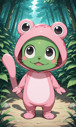 ambiguous_gender clothing cosplay costume day forest forest_background frog_costume nature nature_background pink_cheek plant smile tree whiskers yiff_ai_(director) fairy_tail frosch amphibian domestic_cat exceed felid feline felis frog mammal hi_res