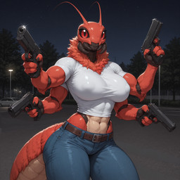 abs antennae_(anatomy) anthro arthropod_abdomen belt belt_buckle black_sclera blue_clothing breasts clothing denim denim_clothing erect_nipples female fur gun handgun holding_object holding_weapon mandibles muscular muscular_anthro muscular_female night nipples non-mammal_breasts non-mammal_nipples pistol plant ranged_weapon red_body red_eyes red_fur shirt solo street_lamp topwear tree weapon zoc animal_humanoid arthropod arthropod_humanoid humanoid insect hi_res