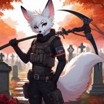 anthro autumn belt black_clothing cemetery clothing dall-e_3 day flower front_view fur grass hand_in_pocket holding_object holding_weapon looking_at_viewer male melee_weapon outside plant pockets polearm red_eyes scythe solo tactical_gear tombstone tree weapon white_body white_fur lucifluffy wilek canid canine fennec fox mammal portrait three-quarter_portrait