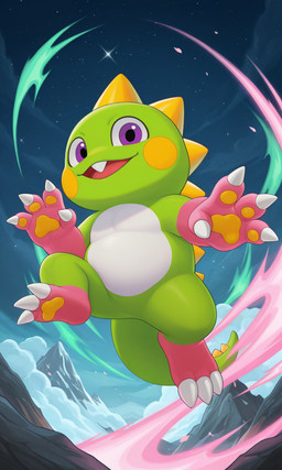 3_toes 4_fingers claws cloud feet feral fingers jumping looking_at_viewer male mountain mythology night open_mouth purple_eyes smile smiling_at_viewer solo spikes star teeth toes yellow_cheeks yellow_spikes yiff_ai_(director) bubble_bobble bub_(bubble_bobble) bubble_dragon dragon mythological_creature mythological_scalie scalie hi_res