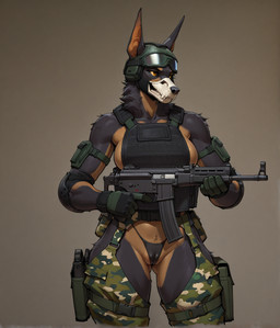 anthro bottomwear breasts camel_toe clothed clothing female fur gun headgear holding_object holding_weapon military military_uniform panties ranged_weapon rifle solo topwear underwear uniform weapon trauma43 canid canine mammal hi_res