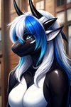 anthro black_body blue_eyes breasts hair highlights_(coloring) horn looking_at_viewer male non-mammal_breasts nude scales solo white_body white_hair butchcinder cetacean delphinoid dragon hybrid mammal marine oceanic_dolphin orca scalie toothed_whale