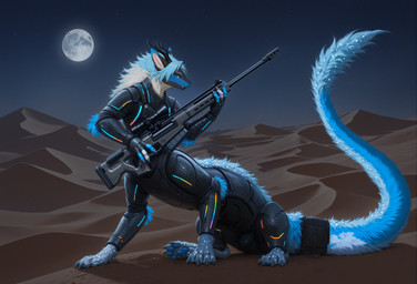 4_toes accessory armor bag blue_body blue_eyes bulge claws cute_fangs desert eyebrows feet fluffy fur furgonomic futuristic futuristic_armor grey_claws grey_eyebrows gun hair hexagon holding_gun holding_object holding_weapon horn long_tail looking_at_viewer male moon neck_tuft night pawpads ranged_weapon rifle sand_dune science_fiction sitting sitting_on_ground sky sniper_rifle solo sparkles tail_accessory tail_bag tail_tuft toes tuft weapon oldhroft stratos_(labradoor) nardoragon nardotaur taur hi_res