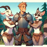 anthro armor blush countershading female fur group happy holding_arm knight male smile tribal tribal_clothing warrior white_body white_fur terraraptor bovid caprine goat human mammal procyonid raccoon