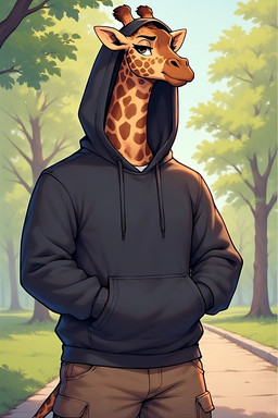 anthro bottomwear clothed clothing fur grass hood hoodie looking_at_viewer male narrowed_eyes outside park path plant raised_clothing raised_hoodie raised_topwear relaxed shorts smile smiling_at_viewer solo spots spotted_body spotted_fur tail topwear tree weltrath giraffe giraffid mammal hi_res