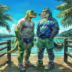 anthro blue_clothing blue_shirt blue_sky blue_topwear bottomwear canid canine canis clothed clothing dinosaur duo easyfluffv10-funneredition_(model) eye_contact footwear full-length_portrait fully_clothed fur gym_bottomwear gym_clothing gym_shorts hand_in_pocket hotpants imperialhorizon lake looking_at_another male male/male mammal multicolored_body multicolored_fur multicolored_scales outside palm_tree plant pockets portrait reptile scales scalie shirt shoes shorts sky smile sneakers socks t-shirt theropod three-quarter_view topwear tree two_tone_body two_tone_fur two_tone_scales tyrannosaurid white_clothing white_shirt white_topwear wolf