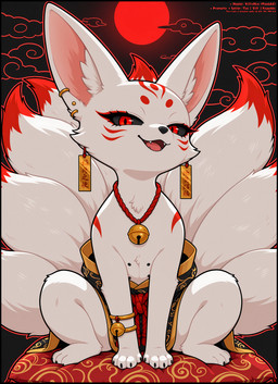 4_fingers 4_toes asian_clothing bell black_nipples black_sclera claws clothing cloud cute_fangs ear_piercing east_asian_clothing eyelashes feet female feral fingers fur fur_tuft head_tilt japanese_clothing kimono long_eyelashes looking_at_viewer markings multi_nipple multi_tail nipples pendant piercing pillow red_eyes red_markings simple_background sitting smug solo text toes tuft the_yiff_republic canid canine deity fennec fox mammal invalid_tag absurd_res cel_shading flat_colors hi_res japanese_text shaded