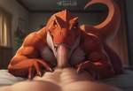 abs anthro anthro_penetrated bed bedroom biceps big_penis biped bodily_fluids claws detailed_background duo erection fellatio first_person_view furniture genital_danger_play genitals human_on_anthro human_penetrating human_penetrating_anthro human_pov humanoid_genitalia humanoid_penis inside interspecies looking_at_viewer lying male male/male male_on_anthro male_penetrated male_penetrating male_penetrating_male male_pov multicolored_body muscular muscular_anthro muscular_male narrowed_eyes navel nude on_back on_bed on_front open_mouth oral oral_penetration orange_body pecs penetrating_pov penetration penile penile_penetration penis penis_in_mouth plant pov_blowjob pubes pupils red_body saliva scales seductive sex sharp_teeth slit_pupils solo_focus tail teeth text tongue vein veiny_penis white_body window yellow_eyes sergalbutt dinosaur human mammal reptile scalie theropod tyrannosaurid tyrannosaurus tyrannosaurus_rex signature url
