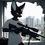 anthro black_body black_fur clothing fur gun holding_gun holding_object holding_weapon male orange_eyes ranged_weapon solo weapon lucifluffy kalenek_(lucifluffy) canid canine fennec fox mammal