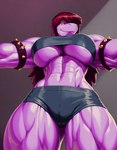 agreenfish anthro biceps big_muscles black_clothing black_shirt black_topwear bottomwear breasts brown_hair clothing female hair hi_res hotpants long_hair looking_at_viewer low-angle_view muscular muscular_female muscular_thighs questionable scalie shirt shorts smile solo spread_arms susie_(deltarune) t-shirt thick_thighs tight_clothing topwear under_boob yellow_sclera