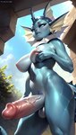 anthro balls blue_body blue_eyes breasts cme11_ai eeveelution generation_1_pokemon genitals glans gynomorph hand_on_chest hi_res intersex light nipples nude penis plant pokemon pokemon_(species) solo sunlight vaporeon vein veiny_penis