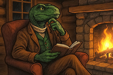4_fingers anthro armchair biped black_pupils book bottomwear brown_bottomwear brown_clothing brown_coat brown_pants brown_topwear cabin chair claws clothed clothed_anthro clothed_male clothing coat crossed_legs detailed_background finger_claws fingers fire fireplace fully_clothed fully_clothed_anthro fully_clothed_male furniture green_body green_claws green_clothing green_scales green_topwear holding_book holding_object inside light male monotone_body monotone_scales mouth_closed night pants pose pupils scales sitting slit_pupils solo sweater thinking thinking_pose thoughtful_expression three-quarter_view topwear turtleneck vest white_clothing white_topwear yellow_eyes zenithwolf meme_2026 philosoraptor dinosaur dromaeosaurid reptile scalie theropod velociraptor digital_drawing_(artwork) digital_media_(artwork) hi_res lighting meme portrait three-quarter_portrait