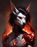 anthro black_hair burning collar fire fur hair male red_eyes solo white_body white_fur auykac hi_res