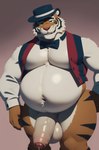 anthro balls bedroom_eyes belly big_balls big_belly big_pecs bodily_fluids bottomless bow_tie clothed clothing genital_fluids genitals grin hat headgear headwear hyper hyper_belly leaking_precum male narrowed_eyes overweight pecs penis precum seductive simple_background smile solo standing thick_penis thick_thighs tight_clothing topwear vest code_0_0 felid mammal pantherine tiger absurd_res hi_res