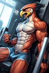 abs anthro athletic bdsm beak biceps bodily_fluids bondage bottomwear bound clothing cuff_(restraint) growth laboratory male muscle_growth muscular muscular_anthro muscular_male pain pecs restraints screaming shorts solo sweat sweating_profusely test_subject birdovo fleck_(birdovo) avian bird falcon falconid hi_res