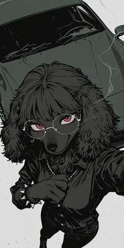anthro black_body black_fur black_hair bracelet car clothed clothing eyewear female fur glasses hair jewelry looking_at_viewer nipples red_eyes selfie simple_background smile smirk solo standing vehicle kbi precelia_(kbi) canid canine canis domestic_dog humanoid mammal poodle 2025 hi_res