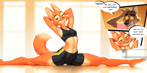 anthro athletic athletic_anthro athletic_female barefoot bedroom_eyes black_clothing blurred_background blush bodily_fluids bottomwear bra breasts brown_body brown_fur clothed clothing confident dialogue duo exercise eyebrows feet female flexible fur green_eyes gym gym_bottomwear gym_clothing gym_shorts hands_behind_head inner_ear_fluff looking_at_viewer male midriff narrowed_eyes navel orange_body orange_fur plantigrade presenting seductive shirt shorts small_breasts smile solo_focus speech_bubble splits sports_bra spread_legs spreading stretching sweat tail teeth text tight_clothing toes topwear tuft underwear workout hank94_(director) the_bad_guys diane_foxington mr._wolf_(the_bad_guys) canid canine canis fox mammal wolf absurd_res english_text hi_res