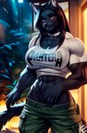 abs anthro black_body black_fur breasts choker cleavage clothed clothing felid female fur hi_res jewelry k3ved mammal muscular muscular_anthro muscular_female necklace orange_eyes pantera pantherine seductive skimpy solo