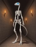anthro bone candle digitigrade dungeon fantasy female glowing glowing_eyes hallway long_neck sharp_teeth skeleton solo standing tall teeth terraraptor animated_skeleton lizard reptile scalie undead veskula hi_res
