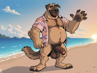 4_toes 5_fingers anthro arm_hair ball_tuft balls barefoot beach belly big_balls big_penis body_hair bottomless bottomless_male brown_body brown_fur chest_hair chest_tuft claws clothed clothing feet finger_claws fingers floppy_ears foreskin fur genitals gesture half-erect happy_trail humanoid_genitalia humanoid_penis looking_at_viewer male manly musclegut muscular muscular_anthro muscular_male navel nipples open_clothing open_shirt open_topwear outside overweight overweight_anthro overweight_male pattern_clothing pattern_shirt pattern_topwear penis plantigrade pubes saggy_balls seaside shirt shirt_only smile solo standing sun sunset tan_body tan_fur teeth thick_penis toe_claws toes topwear topwear_only tuft vein veiny_penis waving waving_at_viewer yellow_sclera fox1400 canid canine canis domestic_dog mammal mastiff molosser absurd_res full-length_portrait hi_res portrait signature