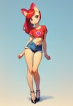 anthro bottomwear breasts clothing crop_top female footwear high_heels hotpants looking_at_viewer shirt shorts small_breasts solo standing teenager topwear young foxlover7796 apple_bloom_(mlp) equid equine horse mammal my_little_pony pony hi_res