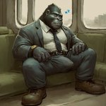 anthro ape belt black_necktie brown_clothing brown_footwear brown_shoes bulge business_clothing business_suit clock clothed clothing emanata eyes_closed footwear full-length_portrait fully_clothed genital_outline gorilla grey_clothing hand_on_leg hand_on_thigh haplorhine hi_res imperialhorizon inside male mammal necktie pecs penis_outline portrait primate shoes sleeping solo sound_effects spread_legs spreading suit three-quarter_portrait train vehicle watch white_dress_shirt window wristwatch zzz