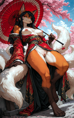 4_toes 5_fingers accessory anthro areola asian_clothing black_hair breasts brown_body cherry_blossom chest_tuft claws clothed clothed_female clothing day digitigrade east_asian_clothing feet female female_anthro fingers flower fluffy fruit_tree fur genitals hair japanese_clothing kimono leg_markings long_hair looking_at_viewer looking_down_at_viewer low-angle_view markings multi_tail multicolored_body multicolored_fur nipples no_underwear orange_body orange_fur outside partially_clothed paws pink_genitals pink_nipples pink_pussy plant pupils pussy red_clothing sky slit_pupils socks_(marking) solo tail toes tree tuft umbrella white_body white_breasts white_fur yellow_eyes ayo_keito canid canine fox mammal absurd_res hi_res
