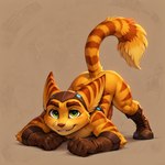 anthro ass_up boots clothing erection footwear genitals gloves green_eyes handwear looking_at_viewer male nude penis raised_tail ratchet_and_clank seductive simple_background solo onevice ratchet lombax mammal hi_res