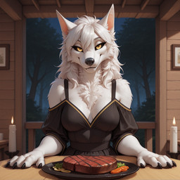 3_fingers anthro beef black_claws black_clothing black_dress black_sclera blizzard_entertainment cabin candle chest_tuft claws clothing date_pov dress exposed_shoulder female fingers first_person_view food fur furniture gold_eyes hair inside looking_at_viewer meat picture_frame plant plate smile solo steak table tree tuft white_body white_fur white_hair urumura warcraft canid canine mammal werecanid werecanine werecreature werewolf worgen hi_res