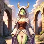 anthro bottomless cloak clothed clothing clothing_aside collar corset_dress dress dress_aside female genitals green_body green_scales hood horn looking_at_viewer pussy robe scales solo standing tan_body tan_skin yellow_eyes denis0k dragon kobold scalie