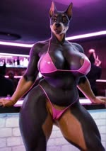 anthro areola areola_slip big_breasts bikini bodily_fluids breasts clothing curvaceous curvy_figure female huge_breasts neon_lights nightclub solo string_bikini sweat swimwear voluptuous wide_hips vlrgromns canid canine canis dobermann domestic_dog mammal pinscher animated webm