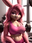 absurd_res anthro athletic busty female fluffy fur gym gym_clothing hair hi_res lagomorph leonoser leporid looking_at_viewer mammal pink_body pink_fur pink_hair rabbit solo solo_focus