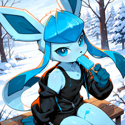 ambiguous_gender anthro bench blue_body blue_eyes blue_fur blush bodily_fluids bottomwear claws clothed clothing eating femboy food front_view fur long_ears looking_at_viewer off_shoulder outside plant popsicle popsicle_melting shirt shorts sitting snow solo sweat sweatdrop tank_top topwear tree tuft winter winter_background kaltingale_(director) nintendo pokemon eeveelution generation_4_pokemon glaceon pokemon_(species) hi_res signature