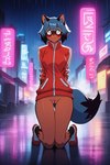 anthro blue_hair bottomless bottomless_anthro bottomless_female brand_new_animal clothed clothing female fluffy fluffy_tail hair kneeling kneeling_on_ground kneeling_position peach_pussy small_waist solo michiru_kagemori canid canine mammal raccoon_dog tanuki hi_res