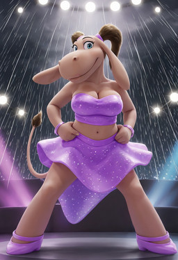 anthro big_breasts bottomwear breasts cleavage clothed clothing crop_top dancewear dancing female footwear hair high_heels inside long_hair navel open_mouth ponytail raining shirt skirt smile solo spread_legs spreading stage stage_lights tail tan_body tongue topwear tutu water boxen549 holly_dolly_(character) asinus donkey equid equine mammal hi_res