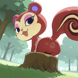 anthro anus blue_eyes butt chibi clothing dress female forest makeup mirakelpung plant presenting sitting_on_stump slit solo stump tree animal_crossing nintendo pecan_(animal_crossing) mammal rodent sciurid