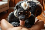 anthro black_body black_fur breath brown_eyes duo fellatio first_person_view fur human_on_anthro interspecies looking_at_viewer male male/male oral penile pubes sex anonymous_director human mammal mephitid skunk