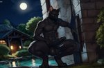 absurd_res anthro balls black_body black_fur building code_0_0 domestic_cat felid feline felis fur genitals hi_res japanese_house kneeling lake looking_at_viewer male mammal mask moon muscular narrowed_eyes night penis plant presenting solo thick_thighs throbbing_penis tree