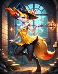 anthro breasts clothing female fluffy fluffy_tail genitals hat headgear headwear inner_ear_fluff magic_user nipples pussy snout solo stone_wall tuft wall_(structure) window wizard_hat mr.kitsune braixen canid canine generation_6_pokemon mammal pokemon_(species) attempted_signature